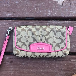 Coach original tan and hot pink wristlet